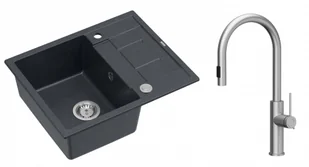Quadron Unique Zlewozmywak granitowy jednokomorowy 62*50*22 cm z ociekaczem MORGAN 116 BLACK DIAMOND z syfonem Push-2-Open w kolorze stalowym z baterią JENNIFER Q LINE SLIM z wyciąganą wylewką i funkcją prysznica kolor stal szczotkowana - Zlewozmywaki z baterią - miniaturka - grafika 1