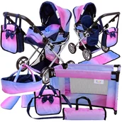 Akcesoria dla lalek - Wózek dla lalki zestaw 3w1 Gondola Głęboki Spacerówka dla lalek z akcesoriami ŁÓŻECZKO TORBA NOSIDŁO POŚCIEL Doris - miniaturka - grafika 1