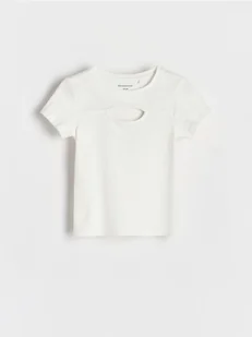 Reserved - Prążkowany t-shirt z wycięciem - złamana biel - Koszulki dla dziewczynek - miniaturka - grafika 1