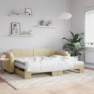 vidaXL Sofa rozsuwana z materacami, kremowa, 90x200 cm, tkanina - Sofy i kanapy - miniaturka - grafika 1