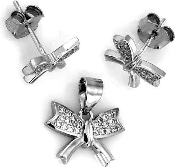 Srebrny komplet biżuterii 925 kokardki cyrkonie ekskluzywny wzór na prezent