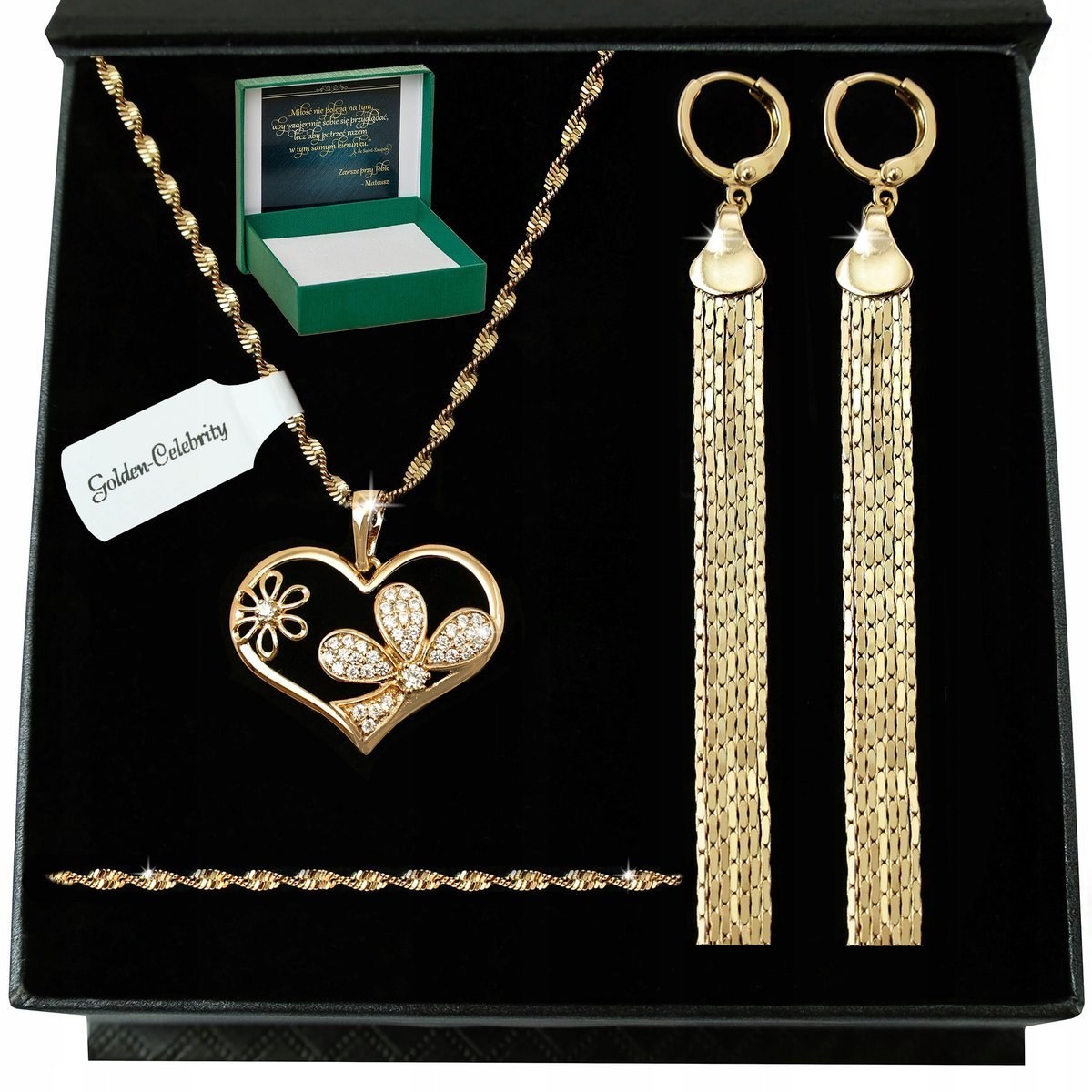 Łańcuszek Pozłacany Singapur+Zawieszka Serce+Kolczyki Długie Wiszące Stal