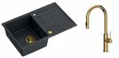 Zlewozmywaki z baterią - Quadron Zlewozmywak granitowy jednokomorowy 78*50*22 cm z ociekaczem MORGAN 111 BLACK DIAMOND ze złotym odpływem z baterią JENNIFER Q LINE SLIM z wyciąganą wylewką i funkcją prysznica kolor złoty - miniaturka - grafika 1