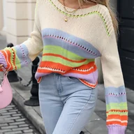 Swetry damskie - TEMU Kolorowa Damska Koszulka w Paski z Długim Rękawem i Bufiastymi Rękawami - Swobodny Krój z Okrągłym Dekoltem, Lekka i Oddychająca na - miniaturka - grafika 1