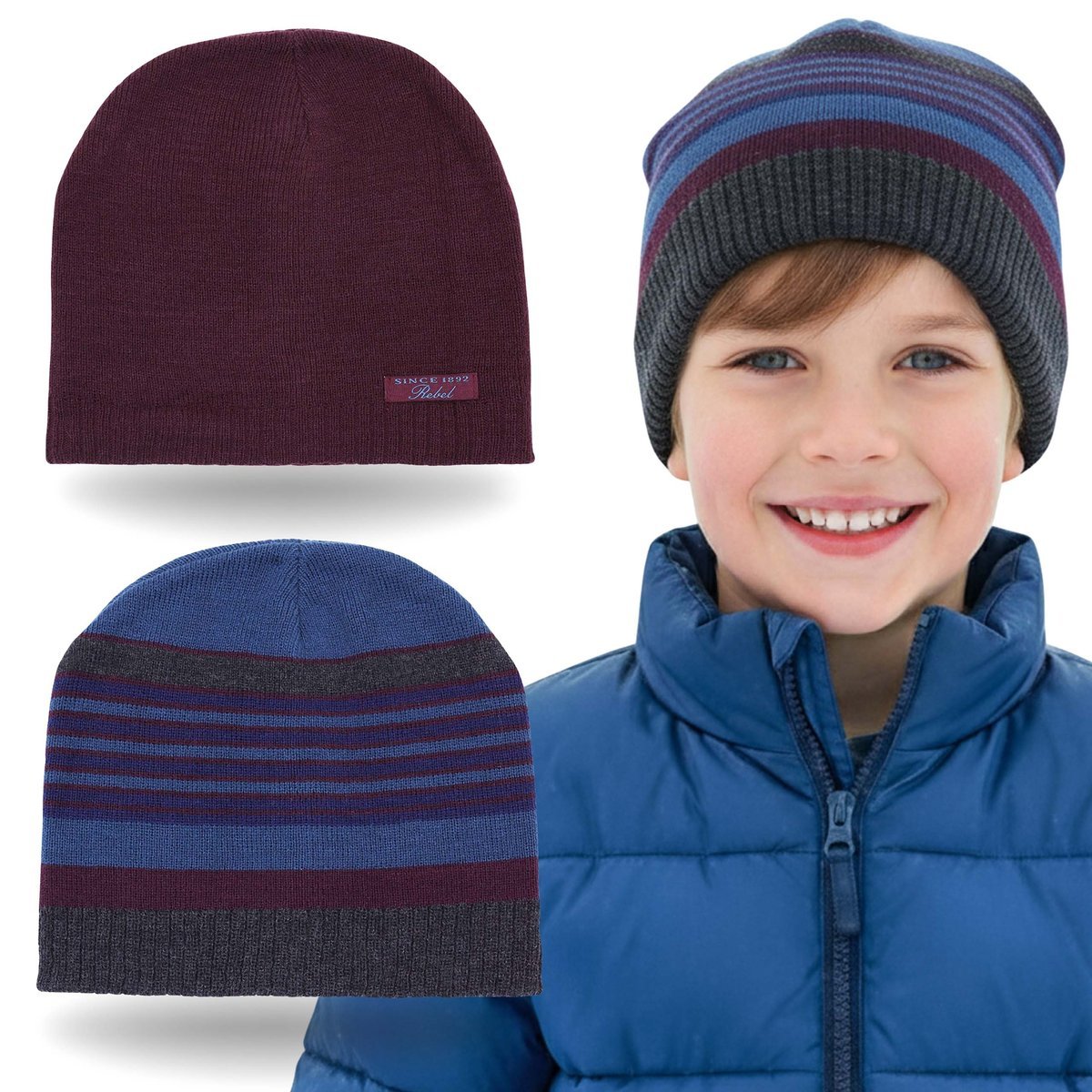 KOMPLET czapek chłopięcych, czapka zimowa dla chłopca, CIEPŁA 2 sztuki, 7+ lat