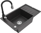 Zlewozmywaki z baterią - Mexen Elias zlewozmywak granitowy 1-komorowy z ociekaczem i baterią kuchenną Savita, czarny nakrapiany - 6511-76-672601-70 - miniaturka - grafika 1