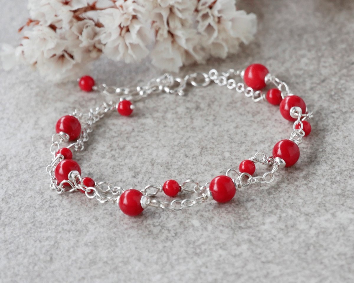 Dwurzędowa bransoletka z czerwonym Koralem w srebrze