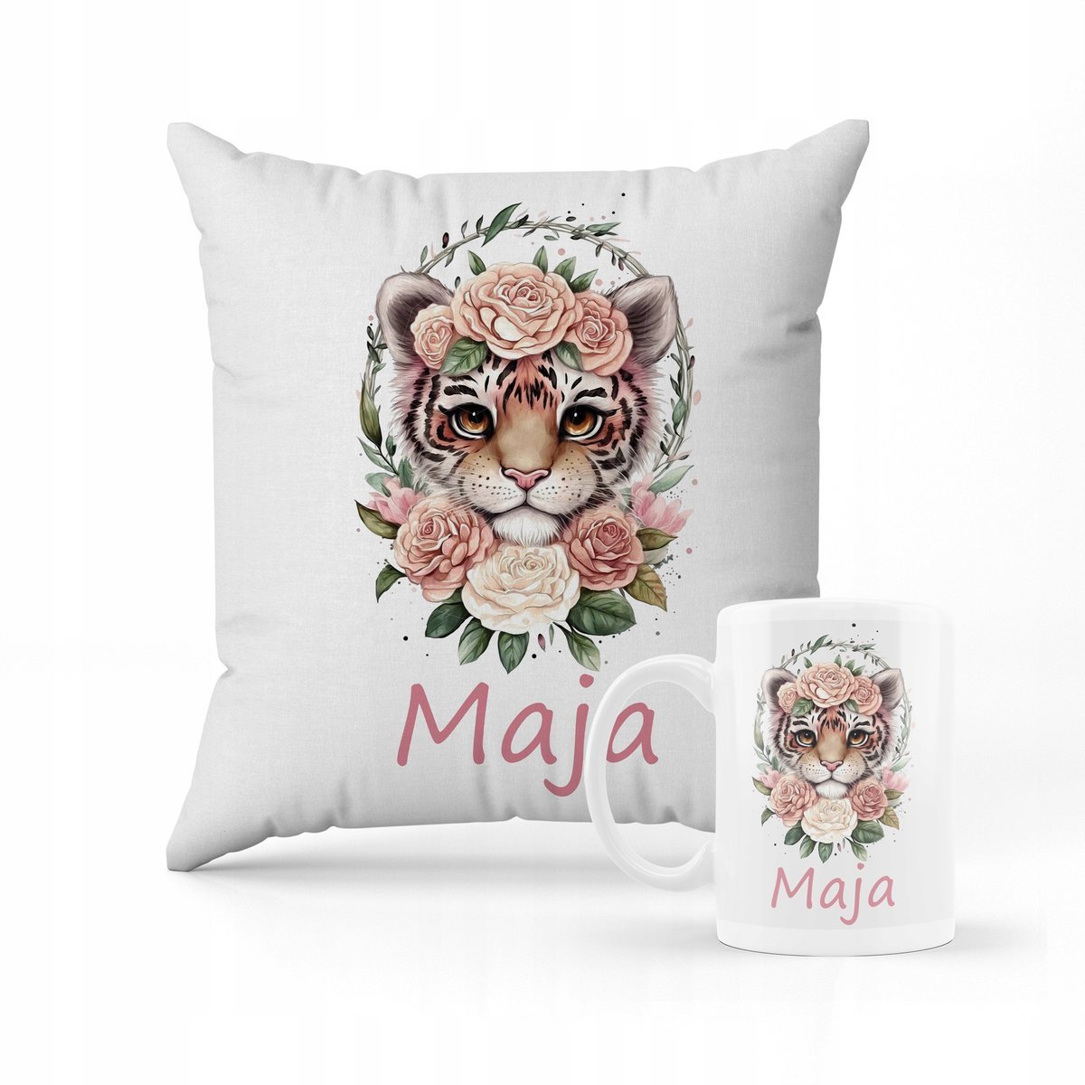 ZESTAW PODUSZKA + KUBEK Prezent lew kwiaty + IMIĘ