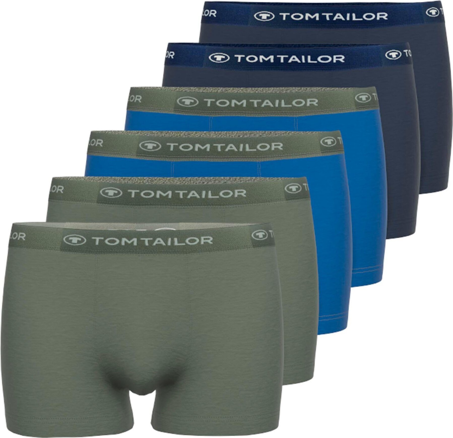 Bokserki męskie TOM TAILOR, opakowanie 6 sztuk - spodnie biodrówki, bawełna, logo, jednokolorowe ciemnoniebieskie/niebieskie/khaki 2XL