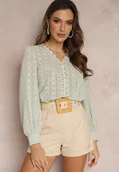 Bluzki damskie - Miętowa Koronkowa Bluzka z Metaliczną Nitką Maliso - miniaturka - grafika 1