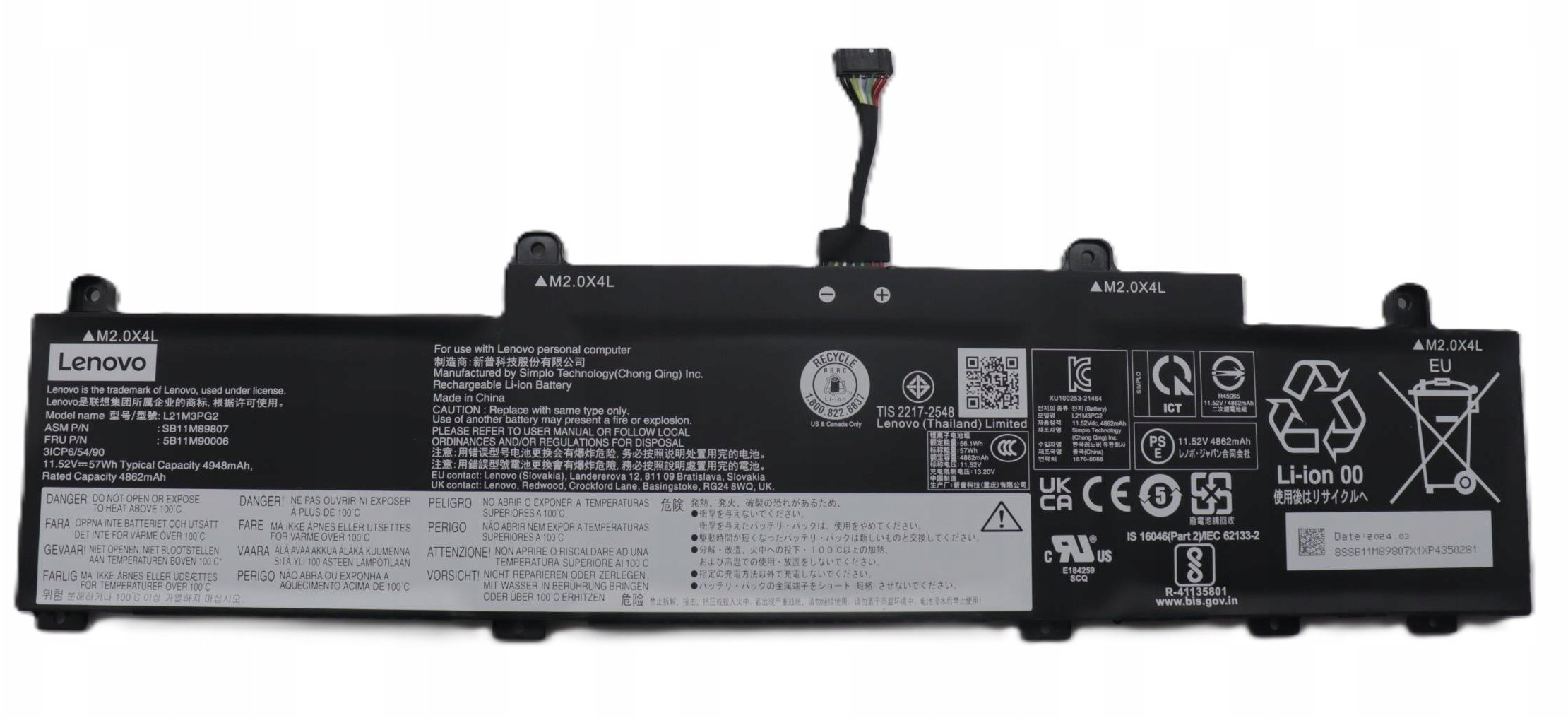 57Wh Internal Lithium-Ion Battery for Lenovo Systems 5B11M90006