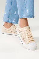 Trampki damskie - Kremowe trampki damskie koronkowe buty sportowe ażurowe sznurowane Casu EV-97 - miniaturka - grafika 1