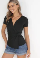 Bluzki damskie - Czarna Bluzka z Kopertowym Dekoltem i Ozdobnym Węzłem Jazel - miniaturka - grafika 1