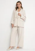 Komplety damskie - Beżowy Komplet w Stylu Garniturowym z Wiązaną Marynarką i Spodniami Vilinne - miniaturka - grafika 1