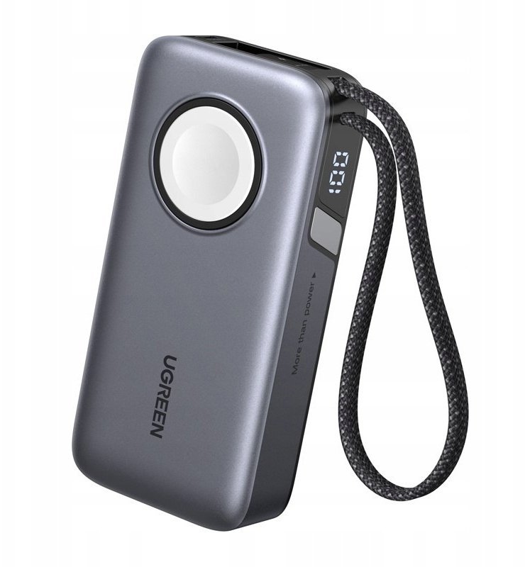 Powerbank 10000mAh UGREEN PB527 30W wbudowany kabel USB-C oraz ładowarka magnetyczna do Apple Watch szary