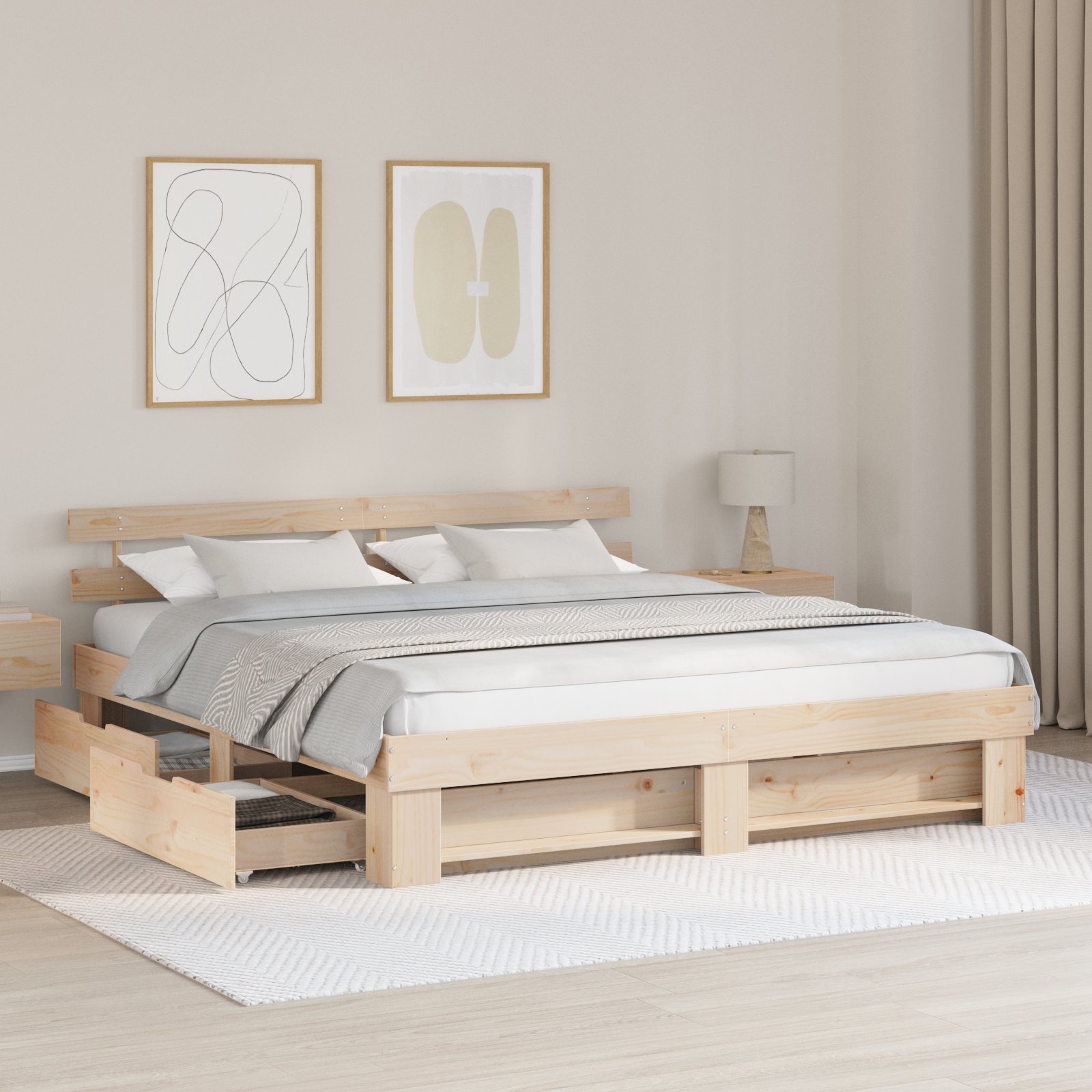 vidaXL Ramka łóżka z szufladą Brązowy 200 x 200 cm Lite drewno sosnowe