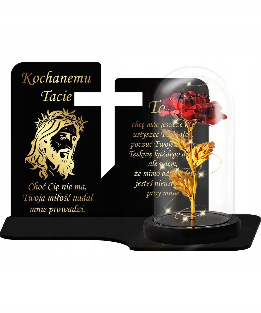 Duży Znicz Wycięty Krzyż Premium Wieczna Róża LED W Szkle Na Grób Cmentarz