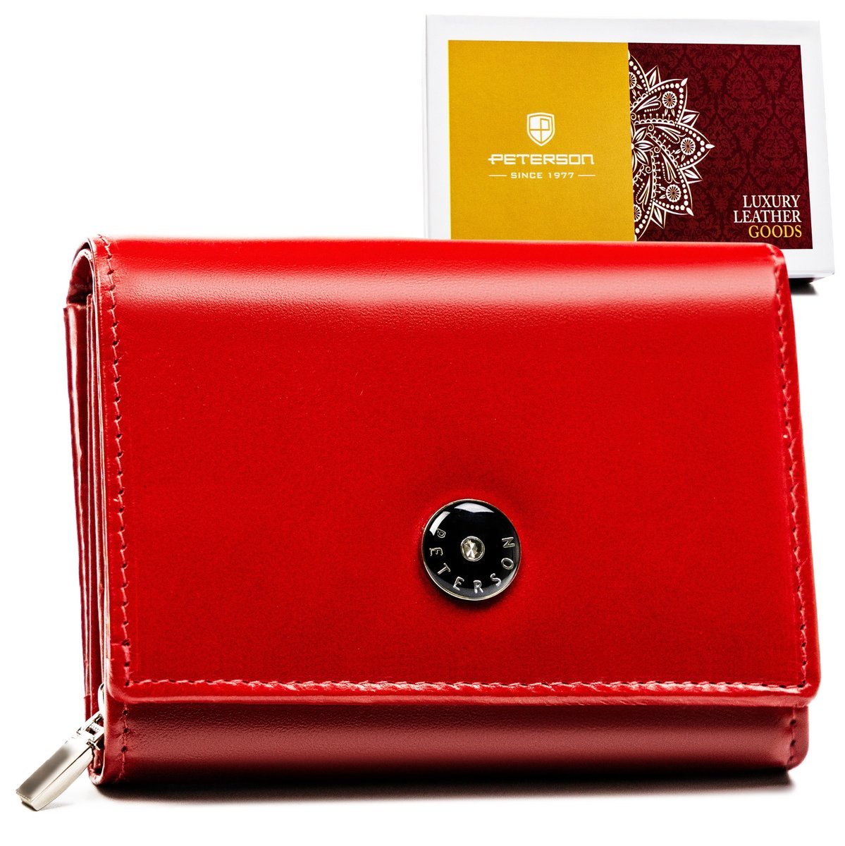 Mały elegancki skórzany portfel damski na prezent PETERSON klasyczny czerwony na karty i gotówkę antykradzieżowy ochrona RFID