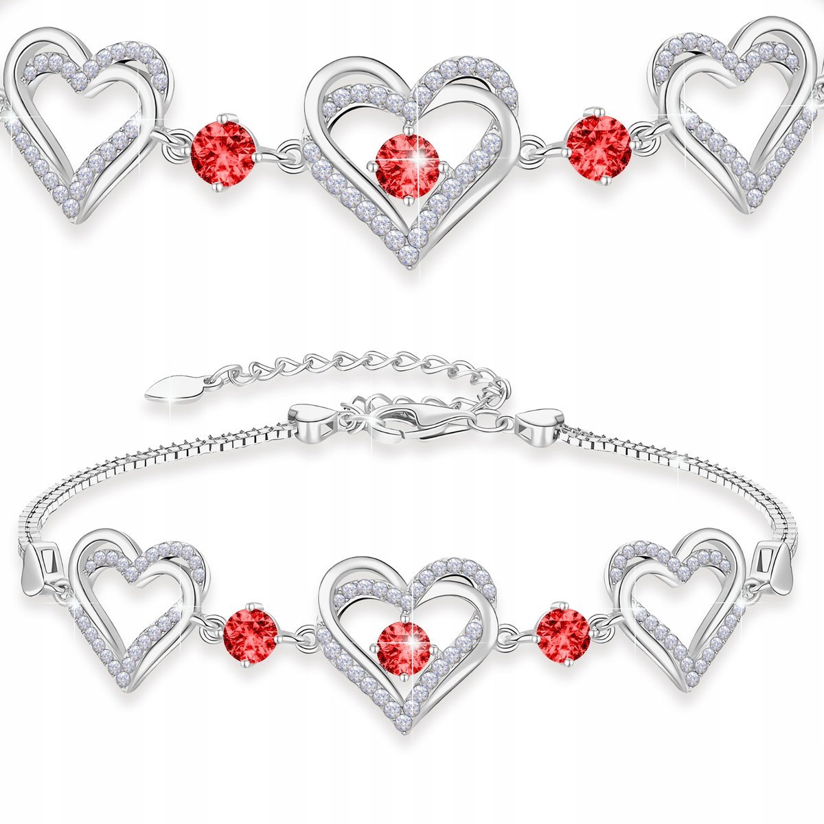 Bransoletka Srebrna Trzy Serca z Cyrkoniami Czerwone Serduszko SREBRO 925