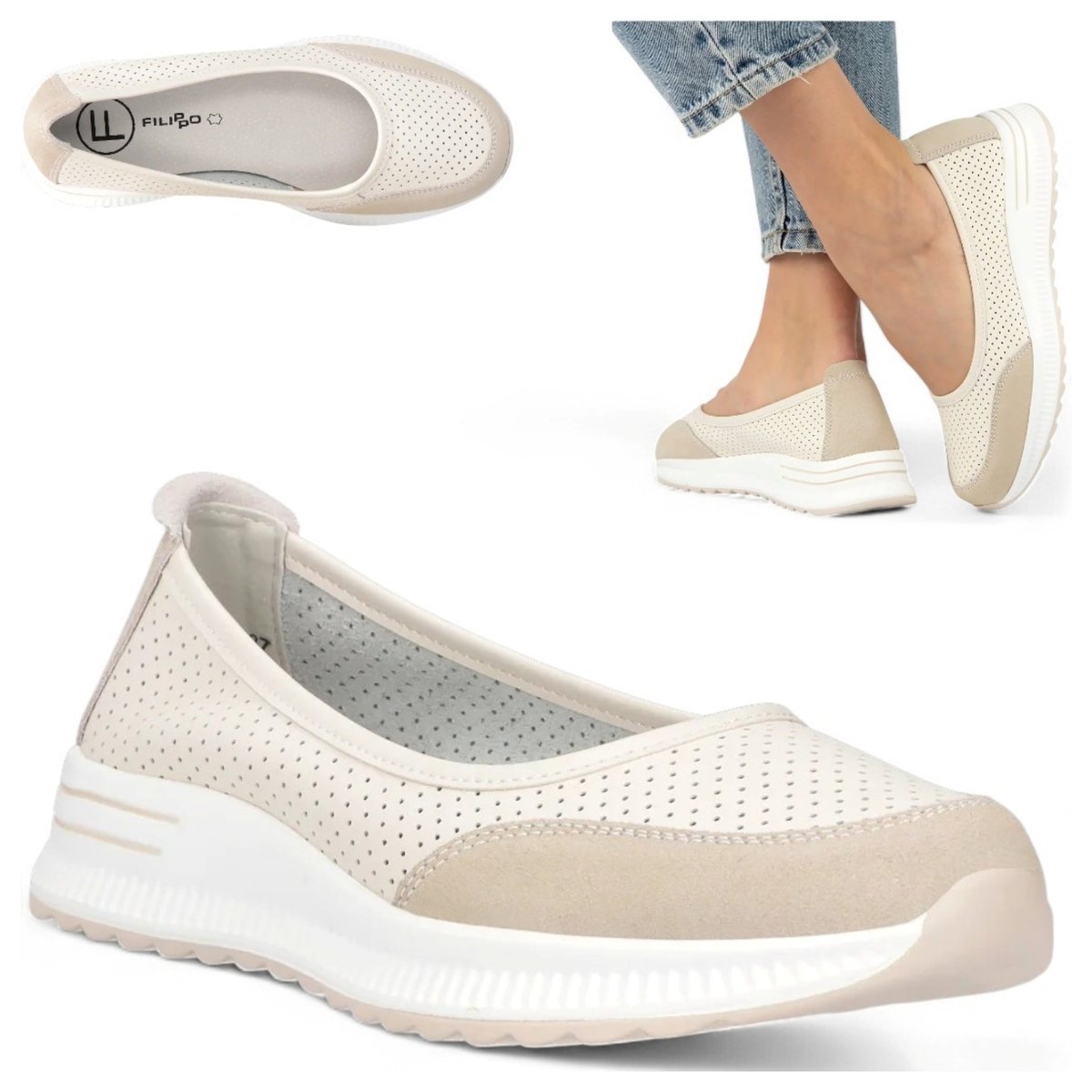 Baleriny Damskie SKÓRZANE FILIPPO Wygodne Beż sportowe Półbuty Wsuwane 36