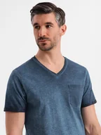 Koszulki męskie - Bawełniany męski t-shirt V-neck z dzianiny z efektem sprania - granatowy V7 OM-TSWT-0242 M - miniaturka - grafika 1