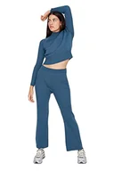 Koszulki i topy damskie - Trendyol Damska gładka środkowa dzianina Kazak-Pantolon topy i spodnie, Teal, S - miniaturka - grafika 1