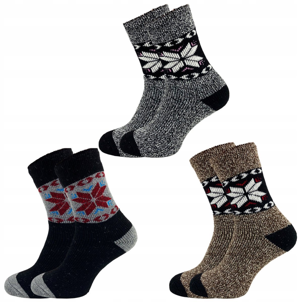 3 PARY skarpety WEŁNIANE damskie CIEPŁE zimowe GRUBE ALPAKA GWIAZDA 39-41