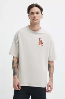Koszulki męskie - New Era t-shirt bawełniany męski kolor beżowy z aplikacją LOS ANGELES DODGERS - grafika 1