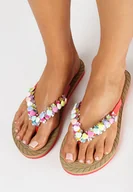 Klapki i japonki damskie - Czerwone Japonki na Płaskiej Podeszwie z Ozdobnymi Koralikami Elenwe - miniaturka - grafika 1