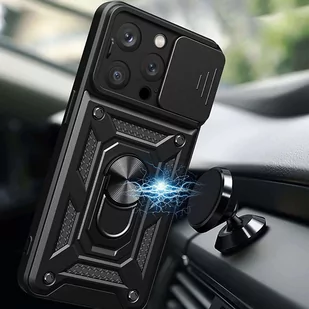 Etui pancerne do iPhone 15 Pro Max Camshield Case Ring Alogy Stand z osłonką na aparat slide czarne + Szkło - Części i akcesoria do laptopów - miniaturka - grafika 2