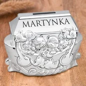 Pamiątka Pierwszej Komunii Świętej - Skarbonka posrebrzana arka Noego z grawerem dla dziewczynki na imieniny - miniaturka - grafika 1