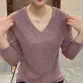 Bluzki damskie - TEMU Elegancka Bluzka Damska z Dekoltem w Serek, Długim Rękawem i Wstawką z Siatki, Sylwetka A-Line - Ciepła Kurtka Warstwowa na Zimę, Jednokolorowa, - miniaturka - grafika 1