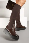 Kozaki damskie - Ciemnobrązowe Kozaki na Koturnie z Dopasowaną Cholewką Narizelle - Renee - miniaturka - grafika 1