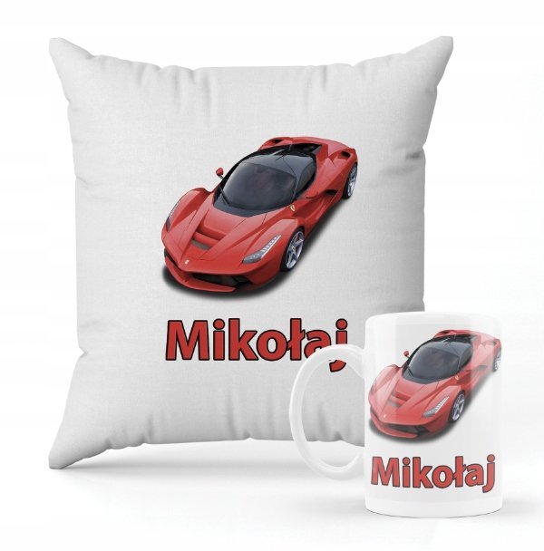 ZESTAW PODUSZKA + KUBEK Prezent Ferrrari Auto Sportowe + IMIĘ
