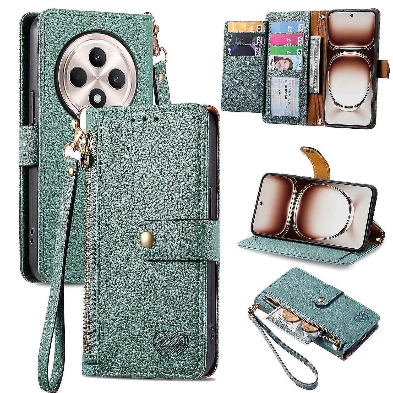 Do etui Oppo Reno12 F 5G RFID Blokowanie kieszeni na zamek błyskawiczny Skórzany portfel Pokrowiec na telefon-zielony Wielobarwny Green