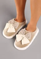 Kapcie damskie - Ciemnobeżowe Kapcie na Płaskiej Podeszwie z Futerkiem i Kokardą Dezilaine - miniaturka - grafika 1