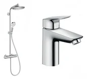 Słuchawki prysznicowe - Hansgrohe 27267000+71100000 Komplet prysznicowy Crometta oraz LOGIS bateria umywalkowa z korkiem automatycznym - miniaturka - grafika 1