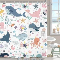 Firany i zasłony dla dzieci - Linki Dziecięca zasłona prysznicowa dla zwierząt morskich 60Wx72L Cal Śliczny wieloryb Ocean Kreskówka Podwodna ryba Ośmiornica Morska Podwodna Dzi... - miniaturka - grafika 1