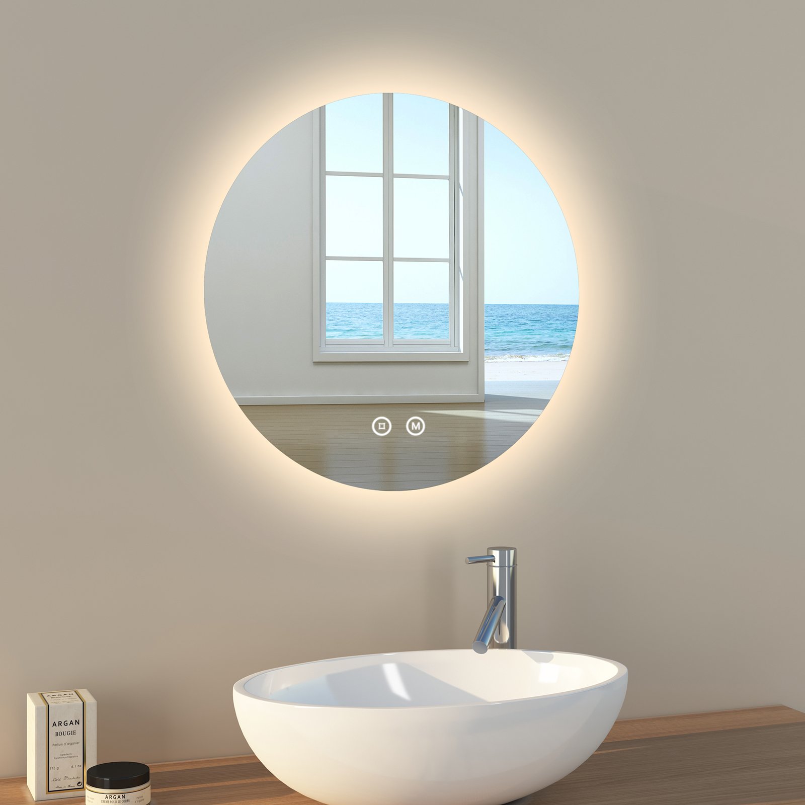 Lustro łazienkowe EMKE LED Lustro łazienkowe z oświetleniem Okrągłe 50cm 3 kolory światła Ściemnialne Lustro z przełącznikiem dotykowym Energooszczędne lustro LED