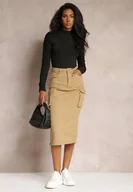 Spódnice - Beżowa Cargo Spódnica Midi z Paskiem i Ściągaczami Timnitos - miniaturka - grafika 1