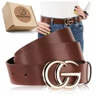 Paski - Pasek Skórzany Damski Brązowy do Spodni Tuniki Szeroki Złota Klamra 100cm - miniaturka - grafika 1