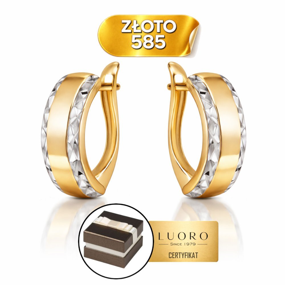 KOLCZYKI ZŁOTE 585 14K PROSTOKĄT DWUKOLOROWE DIAMENTOWANE ANGIELSKIE ZAPIĘCIE 13 MM