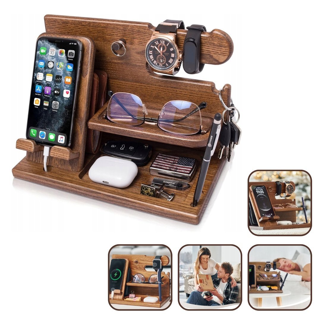 Drewniana stacja dokująca na telefon, stojak na portfel i zegarki Organizer
