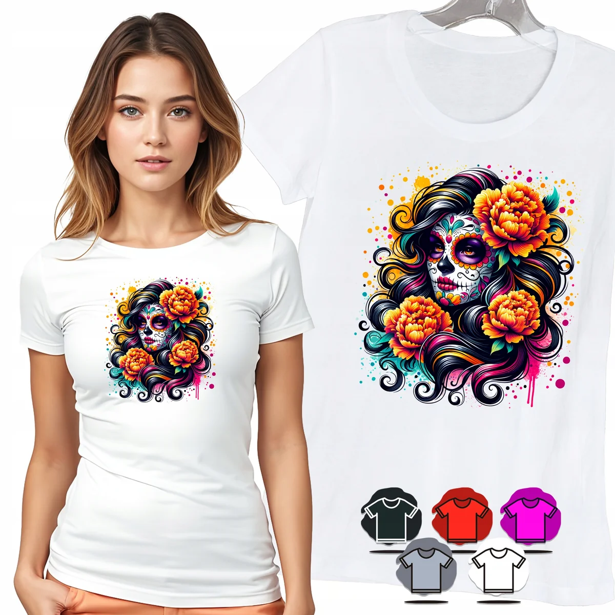 KOSZULKA DAMSKA T-SHIRT - SANTA MUERTE POMARAŃCZOWE KWIATY PORTRET - L