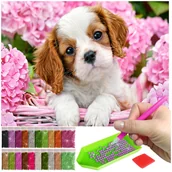 Dekoratorstwo - Haft Diamentowy ARTULIO, Obraz DIY 5D, Diamond Painting, Mozaika diamentowa 40x60cm (Piesek w różowym koszyku) + zestaw akcesoriów - miniaturka - grafika 1