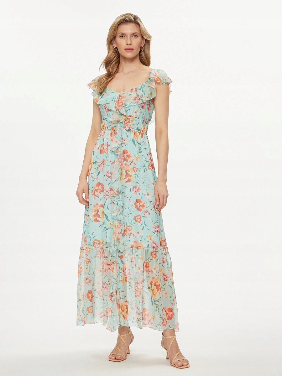 GUESS SUKIENKA MAXI Z FALBANAMI KWIATOWY PRINT JEDWAB XS 1GGA