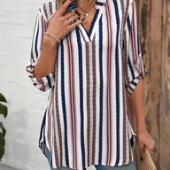 Koszule damskie - TEMU Koszulka Damska w Paski z Wycięciem i Rękawami 7/8, Kolorowe Bloki - miniaturka - grafika 1
