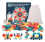 Zabawki sensoryczne - Drewniane Puzzle Do Układania Klocki Tangram Zestaw Montessori Woreczek - miniaturka - grafika 1