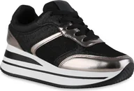 Trampki damskie - VAN HILL damskie trampki na platformie metaliczne sznurowane buty z brokatową podeszwą 840910, Kolor: Czarny brąz metaliczny, Rozmiar: 38 - miniaturka - grafika 1
