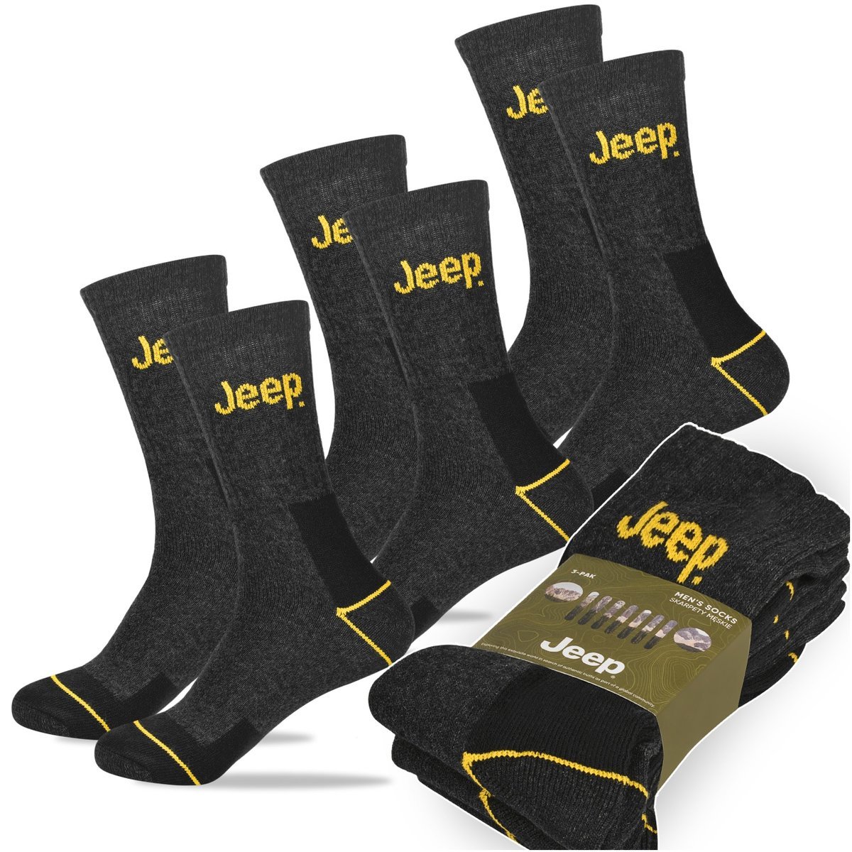 JEEP Skarpety Męskie Wytrzymałe Grey Yellow Bawełna Zestaw 3 Pary Rozmiar 39/42